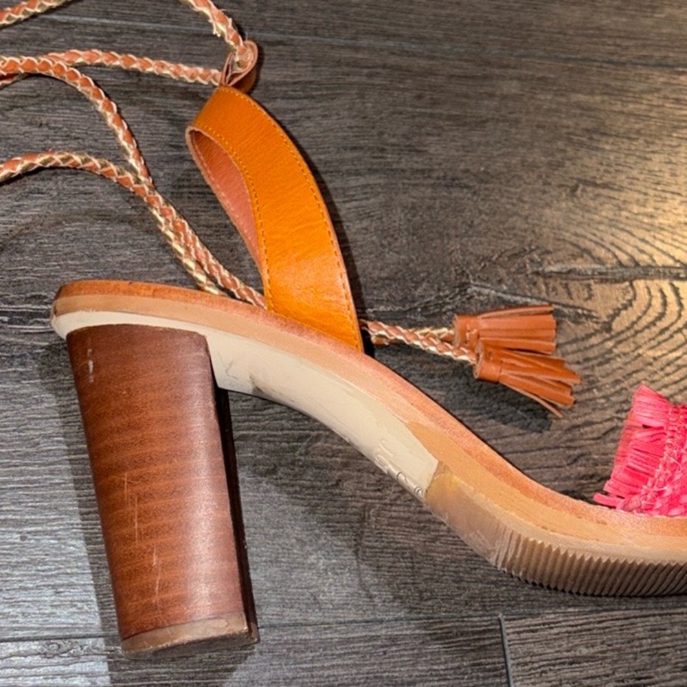 J. Crew Raffia Ankle Tie Block Heel Sandal Size 7 Tan/Pink/Gold - Picture 9 of 15
